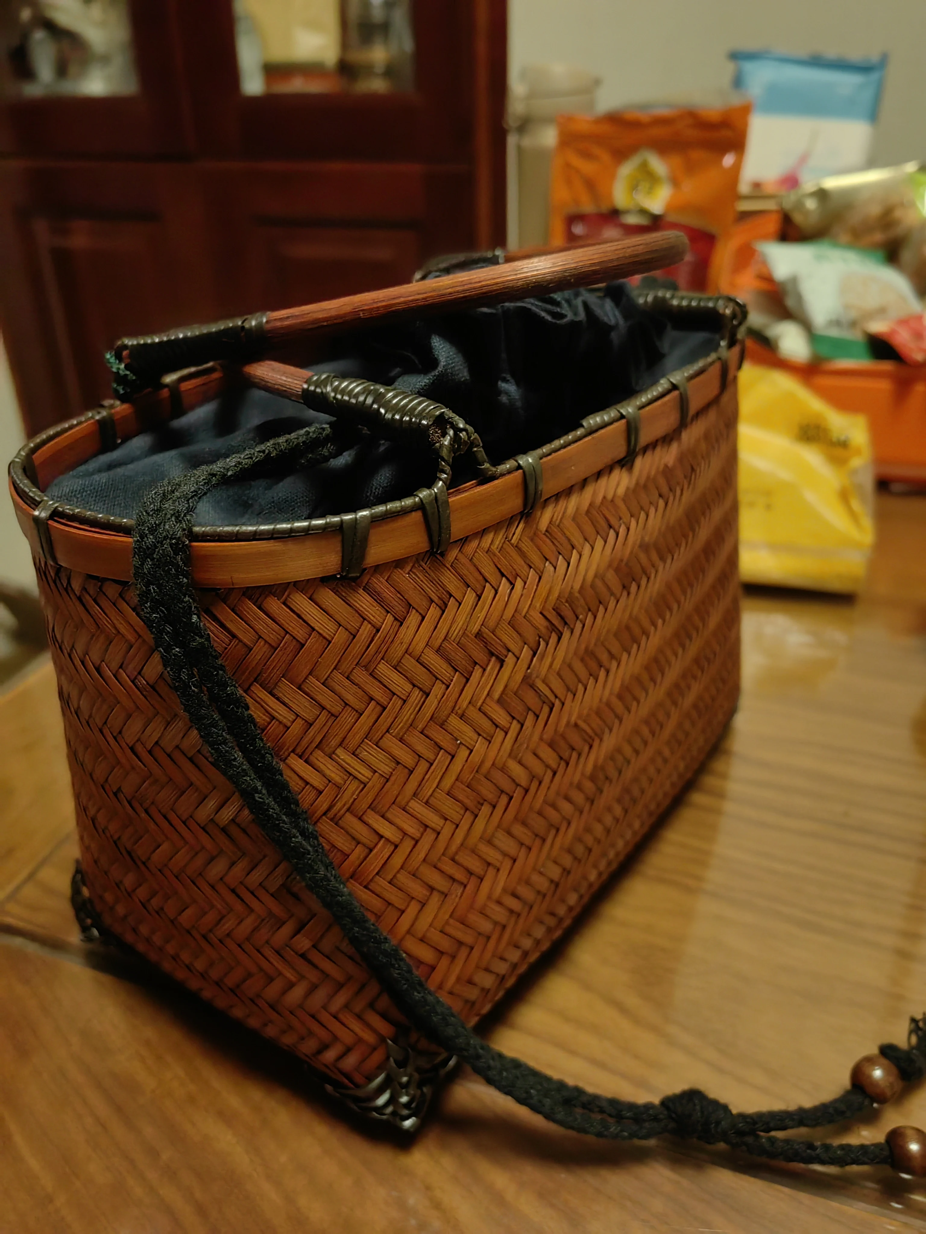 National style handmade bamboo woven bag, literary retro handbag, woven bag, bamboo basket bag, cheongsam, Hanfu, tea set storage bag