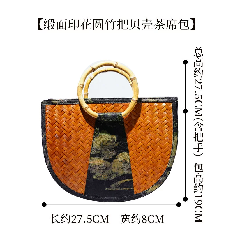复古民族风竹编手提水桶包中式竹节手拎袋编织收纳抽绳锦锻女士包 10
