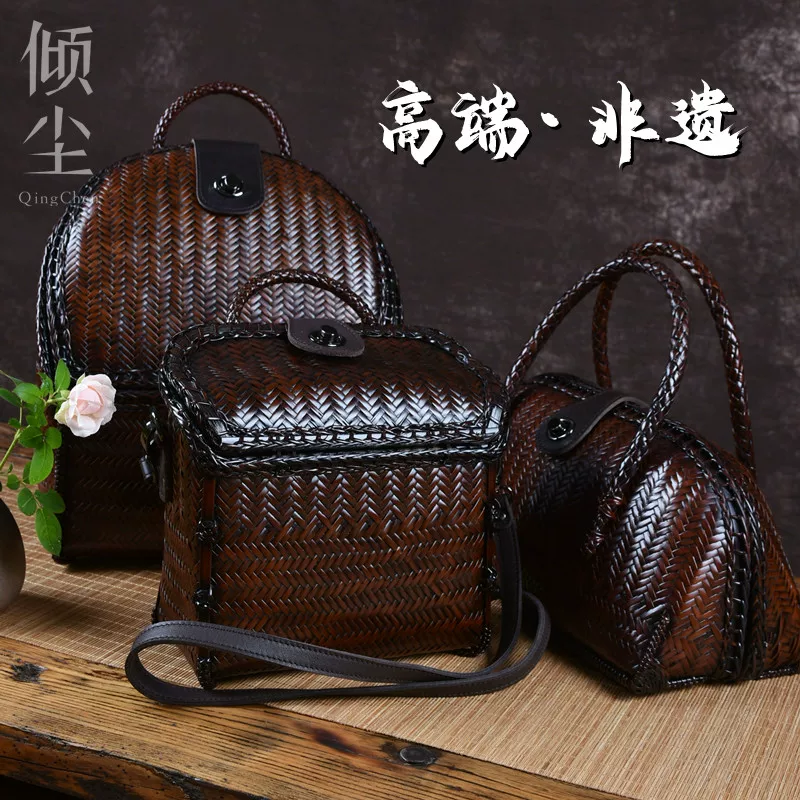 高档手工编织竹包复古竹编包包文艺女双肩包斜挎潮包手提包贝壳包