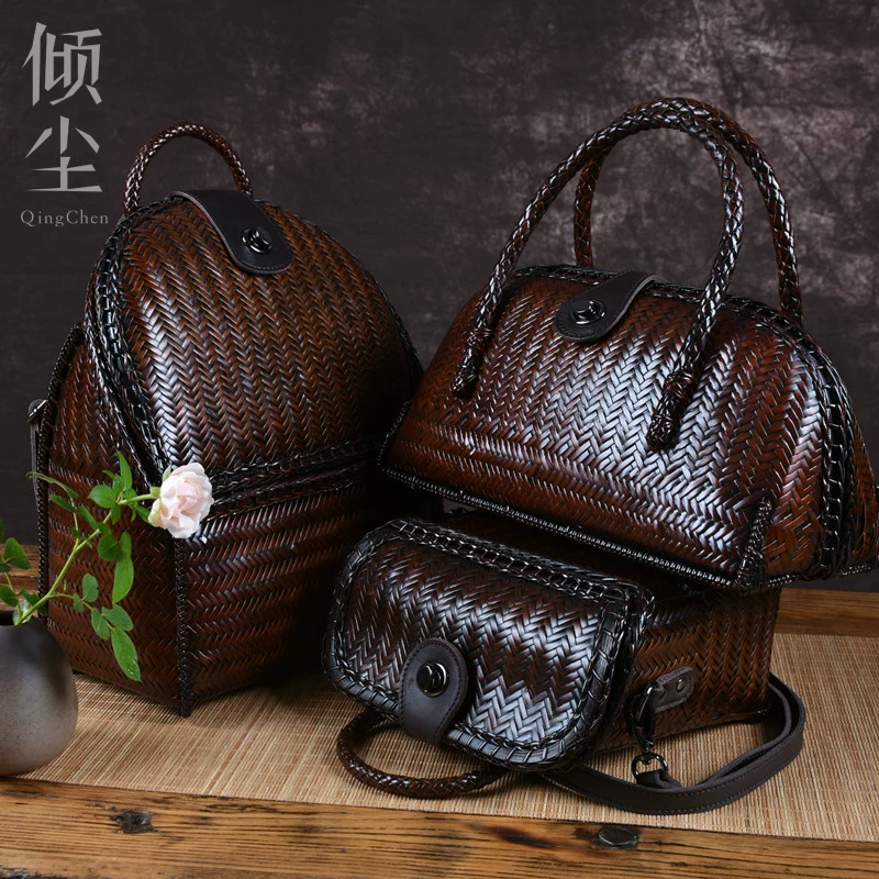 高档手工编织竹包复古竹编包包文艺女双肩包斜挎潮包手提包贝壳包 2