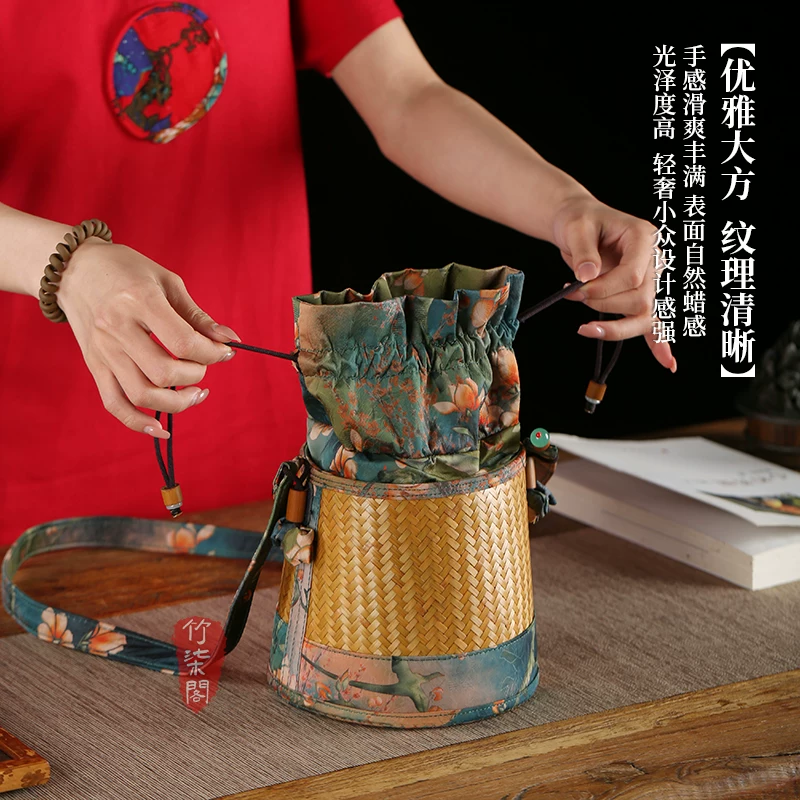 手工竹编包手工斜挎包水桶包手提包女缎面竹节编织中式包复古女包 6
