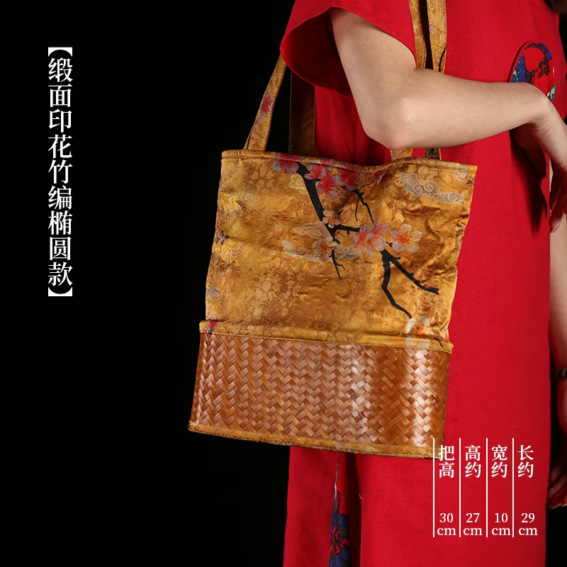 手工竹编包手工斜挎包水桶包手提包女缎面竹节编织中式包复古女包 9