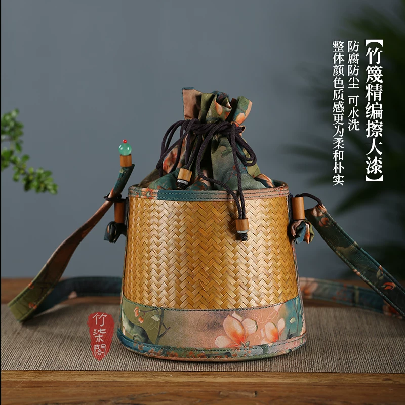 手工竹编包手工斜挎包水桶包手提包女缎面竹节编织中式包复古女包 7