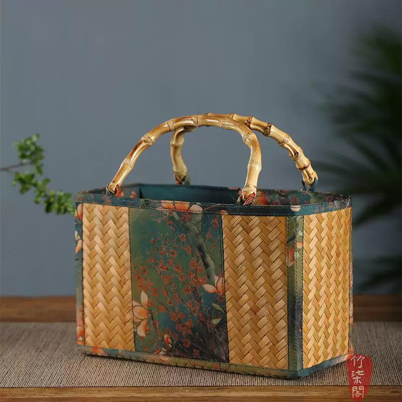 手工竹编包手工斜挎包水桶包手提包女缎面竹节编织中式包复古女包 8
