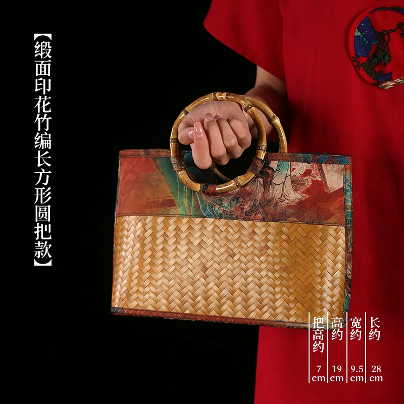手工竹编包手工斜挎包水桶包手提包女缎面竹节编织中式包复古女包 12