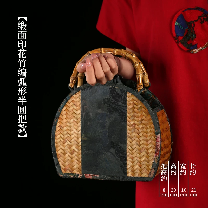 手工竹编包手工斜挎包水桶包手提包女缎面竹节编织中式包复古女包 14