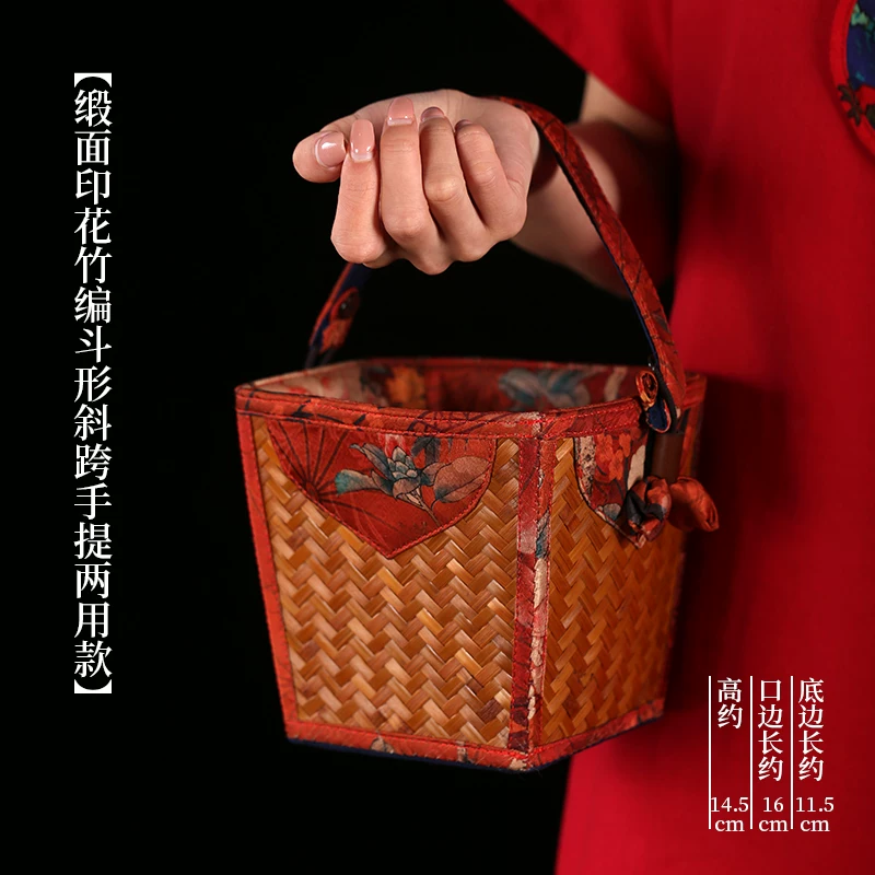 手工竹编包手工斜挎包水桶包手提包女缎面竹节编织中式包复古女包 15