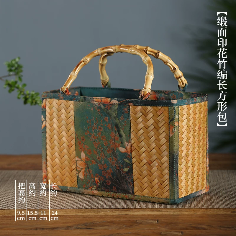 手工竹编包手工斜挎包水桶包手提包女缎面竹节编织中式包复古女包 13