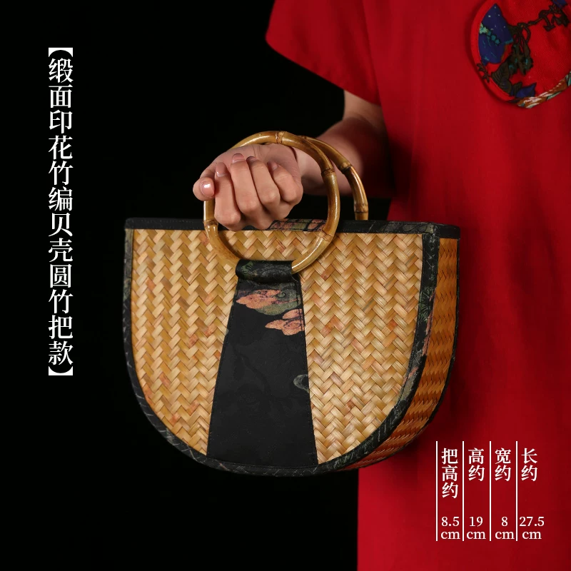 手工竹编包手工斜挎包水桶包手提包女缎面竹节编织中式包复古女包 18