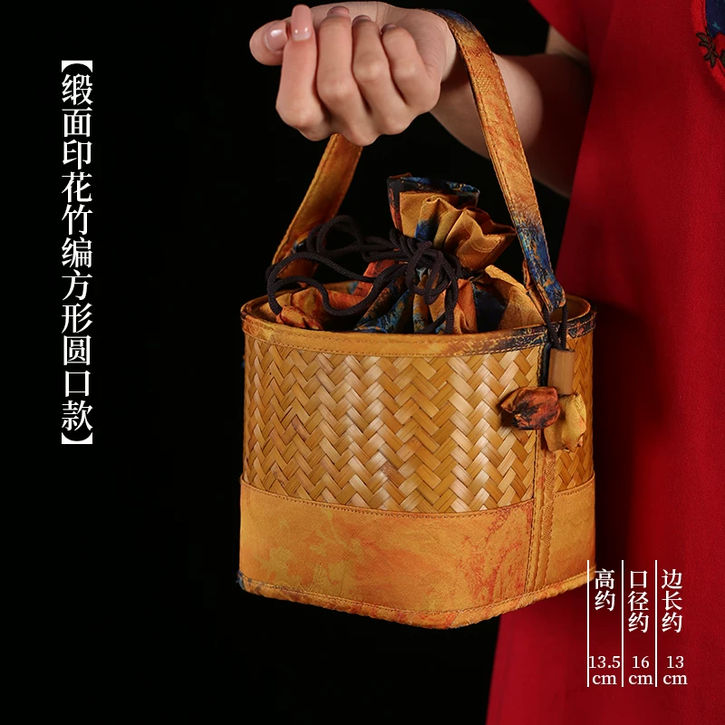 手工竹编包手工斜挎包水桶包手提包女缎面竹节编织中式包复古女包 16