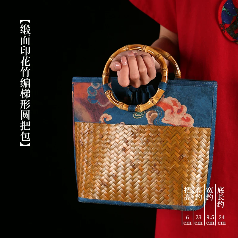 手工竹编包手工斜挎包水桶包手提包女缎面竹节编织中式包复古女包 17