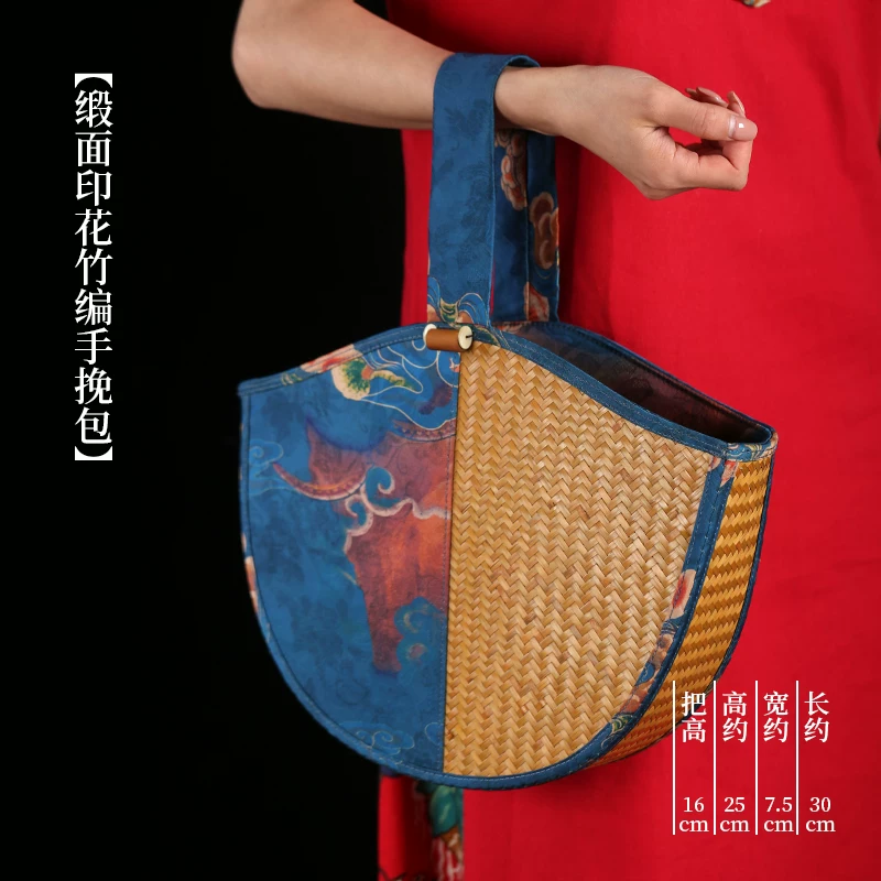 手工竹编包手工斜挎包水桶包手提包女缎面竹节编织中式包复古女包 19